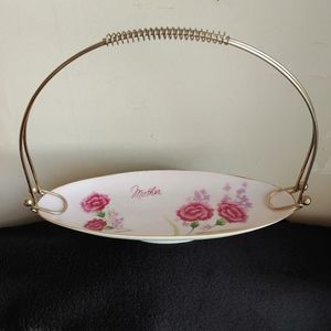 Mother Porcelain Floral Tray Vintage  Japan Rose Gold Trim Metal Carrier